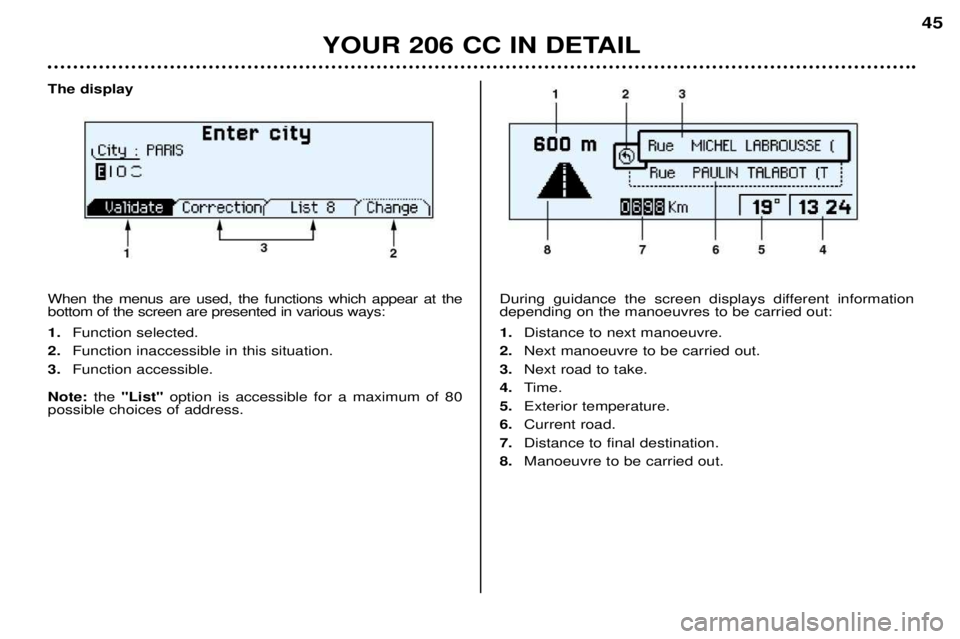 PEUGEOT 206 CC DAG 2001  Owners Manual YOUR 206 CC IN DETAIL45
The display When the menus are used, the functions which appear at the bottom of the screen are presented in various ways: 1.
Function selected.
2. Function inaccessible in thi