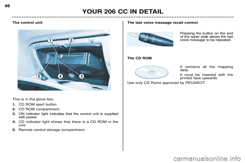 PEUGEOT 206 CC DAG 2001  Owners Manual YOUR 206 CC IN DETAIL
46
The control unit This is in the glove box. 1.
CD ROM eject button.
2. CD ROM compartment.
3. ON indicator light indicates that the control unit is supplied 
with power.
4. CD 