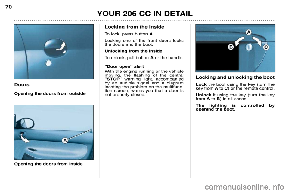 PEUGEOT 206 CC DAG 2001  Owners Manual YOUR 206 CC IN DETAIL
70
Doors Opening the doors from outside Opening the doors from inside
Locking and unlocking the boot Lock
the boot using the key (turn the
key from  Ato  C) or the remote control