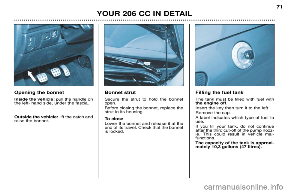 PEUGEOT 206 CC DAG 2001  Owners Manual YOUR 206 CC IN DETAIL71
Bonnet strut Secure the strut to hold the bonnet open. Before closing the bonnet, replace the strut in its housing. 
To close Lower the bonnet and release it at the end of its 