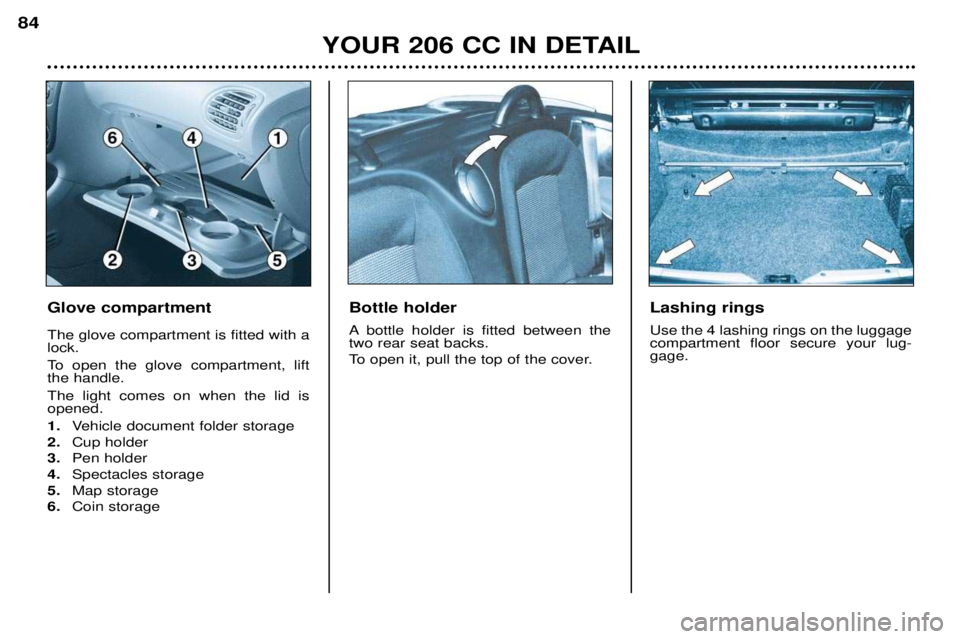 PEUGEOT 206 CC DAG 2001  Owners Manual YOUR 206 CC IN DETAIL
84
Glove compartment The glove compartment is fitted with a lock.  
To open the glove compartment, lift the handle. The light comes on when the lid is opened. 1.
Vehicle document