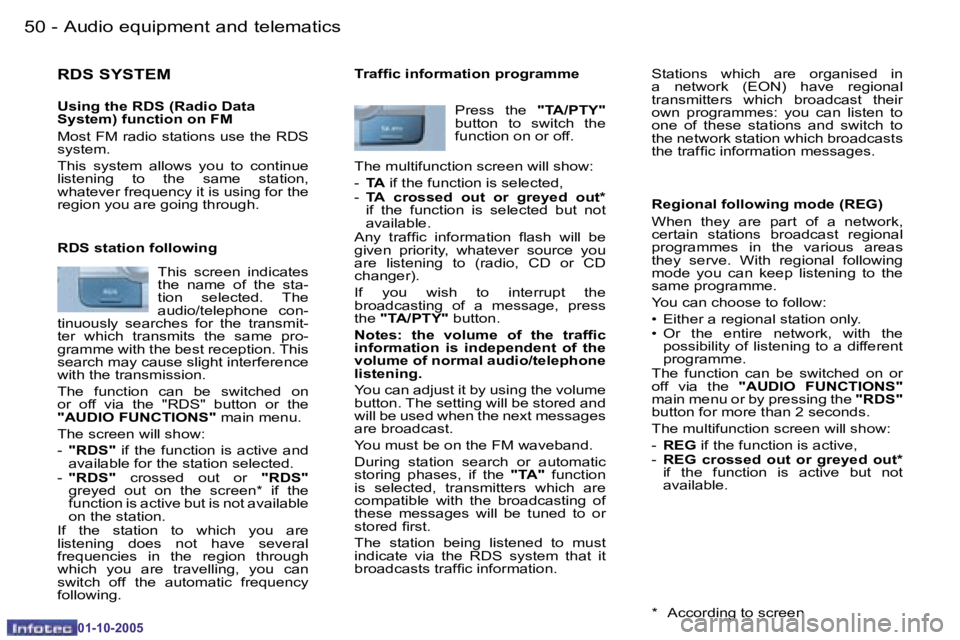 PEUGEOT 206 SW 2005  Owners Manual �5�0 �-�A�u�d�i�o� �e�q�u�i�p�m�e�n�t� �a�n�d� �t�e�l�e�m�a�t�i�c�s
�0�1�-�1�0�-�2�0�0�5
�5�1
�-�A�u�d�i�o� �e�q�u�i�p�m�e�n�t� �a�n�d� �t�e�l�e�m�a�t�i�c�s
�0�1�-�1�0�-�2�0�0�5
�R�D�S� �S�Y�S�T�E�M
�