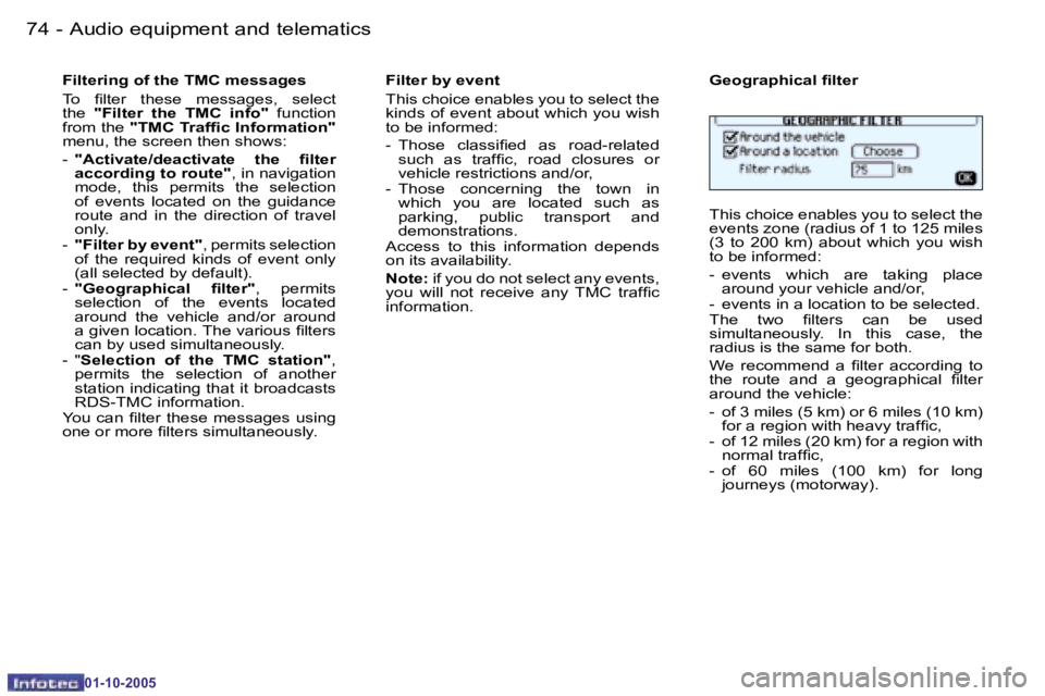 PEUGEOT 206 SW 2005  Owners Manual �7�4 �-�A�u�d�i�o� �e�q�u�i�p�m�e�n�t� �a�n�d� �t�e�l�e�m�a�t�i�c�s
�0�1�-�1�0�-�2�0�0�5
�7�5
�-�A�u�d�i�o� �e�q�u�i�p�m�e�n�t� �a�n�d� �t�e�l�e�m�a�t�i�c�s
�0�1�-�1�0�-�2�0�0�5
�F�i�l�t�e�r�i�n�g� �o