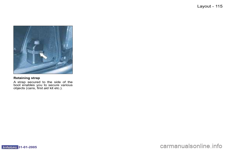 PEUGEOT 206 SW 2004  Owners Manual �1�1�4 �-
�3�1�-�0�1�-�2�0�0�5
�1�1�5
�-
�3�1�-�0�1�-�2�0�0�5
�R�e�t�a�i�n�i�n�g� �s�t�r�a�p 
�A�  �s�t�r�a�p�  �s�e�c�u�r�e�d�  �t�o�  �t�h�e�  �s�i�d�e�  �o�f�  �t�h�e�  
�b�o�o�t�  �e�n�a�b�l�e�s� 