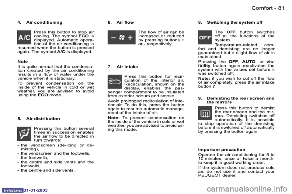 PEUGEOT 206 SW 2004  Owners Manual �8�0 �-
�3�1�-�0�1�-�2�0�0�5
�8�1
�-
�3�1�-�0�1�-�2�0�0�5
�4�.�  �A�i�r� �c�o�n�d�i�t�i�o�n�i�n�g
�P�r�e�s�s�  �t�h�i�s�  �b�u�t�t�o�n�  �t�o�  �s�t�o�p�  �a�i�r�  
�c�o�o�l�i�n�g�.�  �T�h�e � �s�y�m�