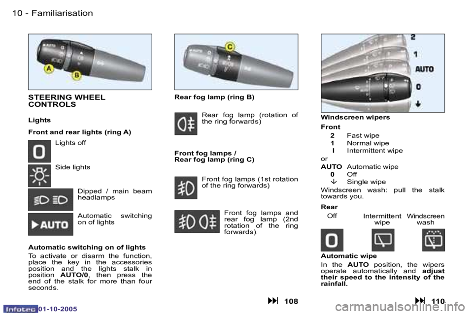 PEUGEOT 206 SW DAG 2005  Owners Manual �F�a�m�i�l�i�a�r�i�s�a�t�i�o�n�1�0 �-
�0�1�-�1�0�-�2�0�0�5
�1�1�F�a�m�i�l�i�a�r�i�s�a�t�i�o�n�-
�0�1�-�1�0�-�2�0�0�5
�S�T�E�E�R�I�N�G� �W�H�E�E�L�  
�C�O�N�T�R�O�L�S
�L�i�g�h�t�s 
�F�r�o�n�t� �a�n�d� 