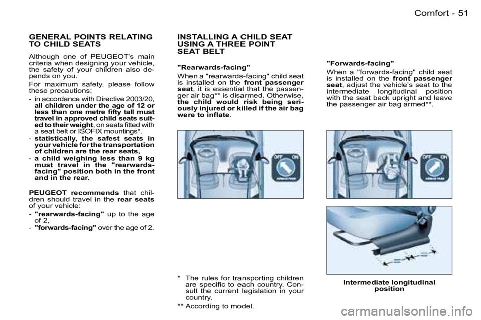 PEUGEOT 206 SW DAG 2007  Owners Manual �5�1
�-
�"�F�o�r�w�a�r�d�s�-�f�a�c�i�n�g�" 
�W�h�e�n�  �a�  �"�f�o�r�w�a�r�d�s�-�f�a�c�i�n�g�"�  �c�h�i�l�d�  �s�e�a�t�  
�i�s�  �i�n�s�t�a�l�l�e�d�  �o�n�  �t�h�e�  �f�r�o�n�t�  �p�a�