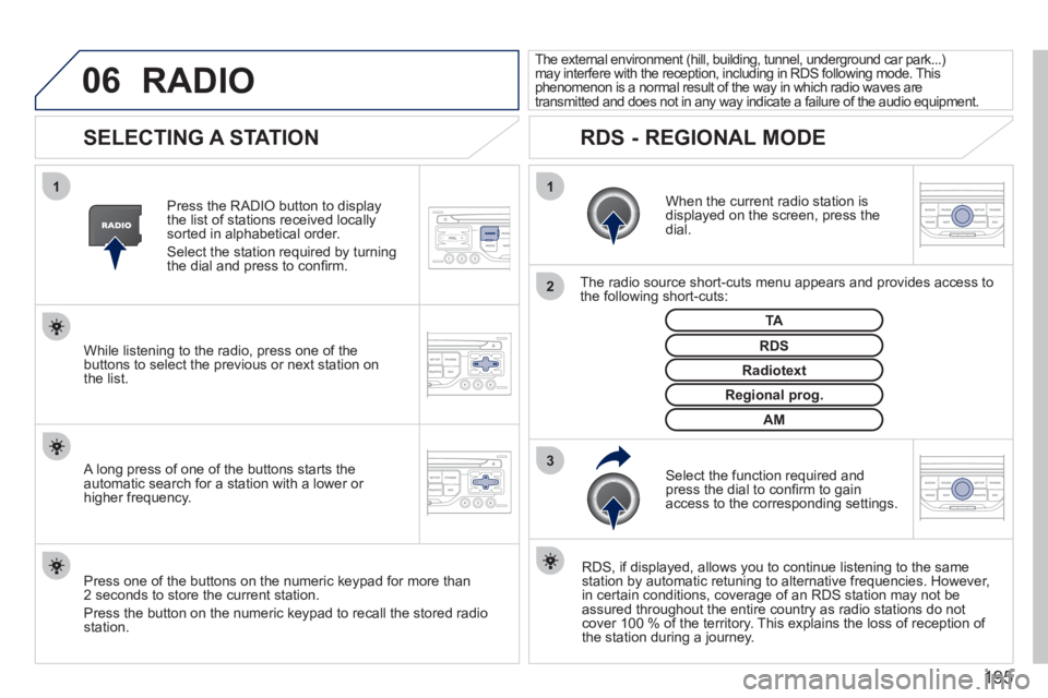 PEUGEOT 207 2011 Owners Manual 195
06
3 2 1 1
SELECTING A STATION
When the current radio station isdisplayed on the screen, press thedial.
The radio source short-cuts menu appears and provides access to
the following sho PEUGEOT 207 2011 Owners Manual 195
06
3 2 1 1
SELECTING A STATION
When the current radio station isdisplayed on the screen, press thedial.
The radio source short-cuts menu appears and provides access to
the following sho