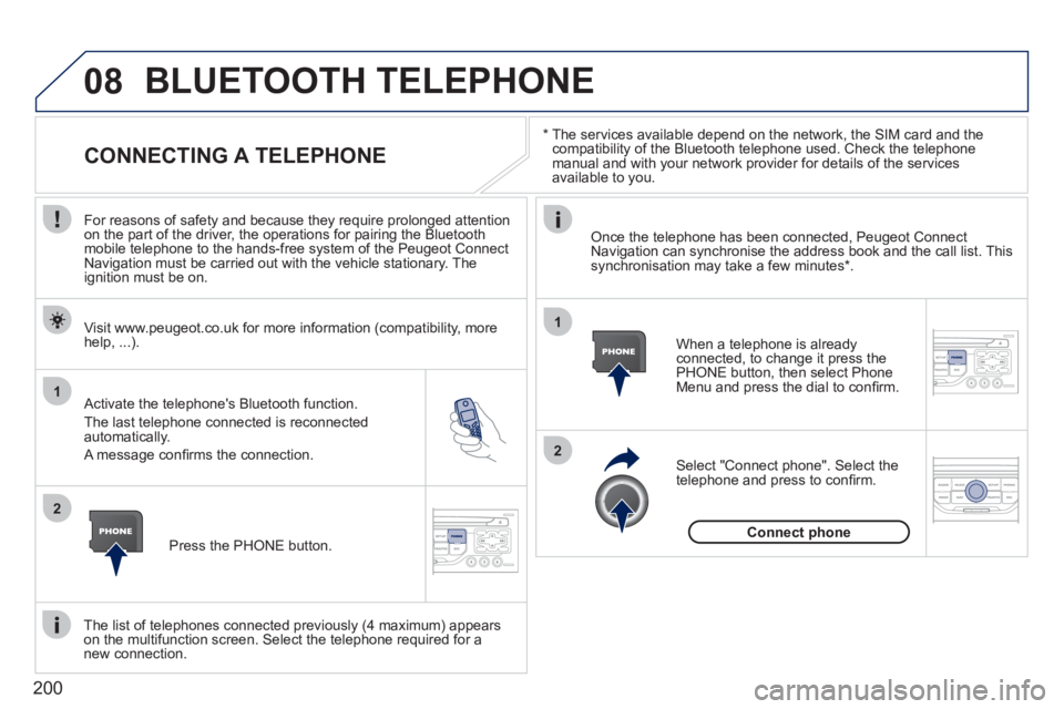 PEUGEOT 207 2011  Owners Manual 200
08
1
2
2
1
   * 
 
  The services available depend on the network, the SIM card and the compatibility of the Bluetooth telephone used. Check the telephone manual and with your network provider for