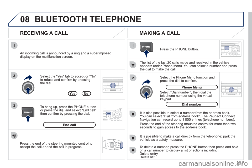 PEUGEOT 207 2011 Owners Manual 201
08
1
3 2
2 1Select the "Yes" tab to accept or "No"
to refuse and confi rm by pressing
the dial.
RECEIVING A CALL
MAKING A CALL
An incoming call is announced by a ring and a superimp PEUGEOT 207 2011 Owners Manual 201
08
1
3 2
2 1Select the "Yes" tab to accept or "No"
to refuse and confi rm by pressing
the dial.
RECEIVING A CALL
MAKING A CALL
An incoming call is announced by a ring and a superimp