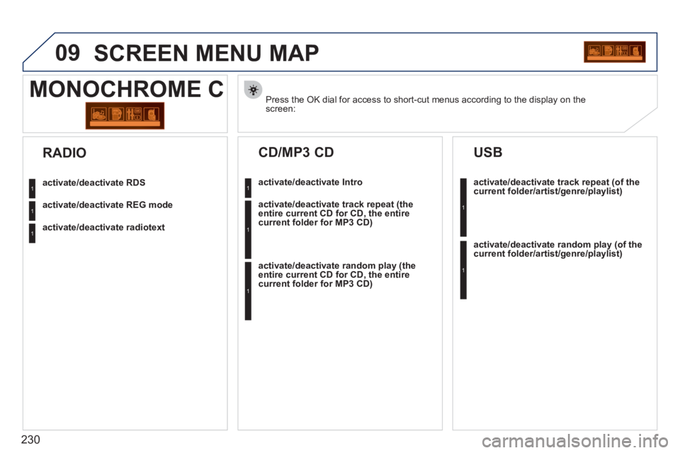 PEUGEOT 207 2011  Owners Manual 230
09SCREEN MENU MAP 
Press the OK dial for access to short-cut menus according to the display on thescreen:  
MONOCHROME C
activate/deactivate RDS
activate/deactivate REG mode
activate/deactivate ra