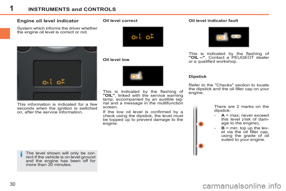 PEUGEOT 207 2011  Owners Manual 1
i
INSTRUMENTS and CONTROLS
30
  The level shown will only be cor-
rect if the vehicle is on level ground 
and the engine has been off for 
more than 30 minutes. 
   
 
 
 
 
 
 
 
 
 
 
Engine oil l