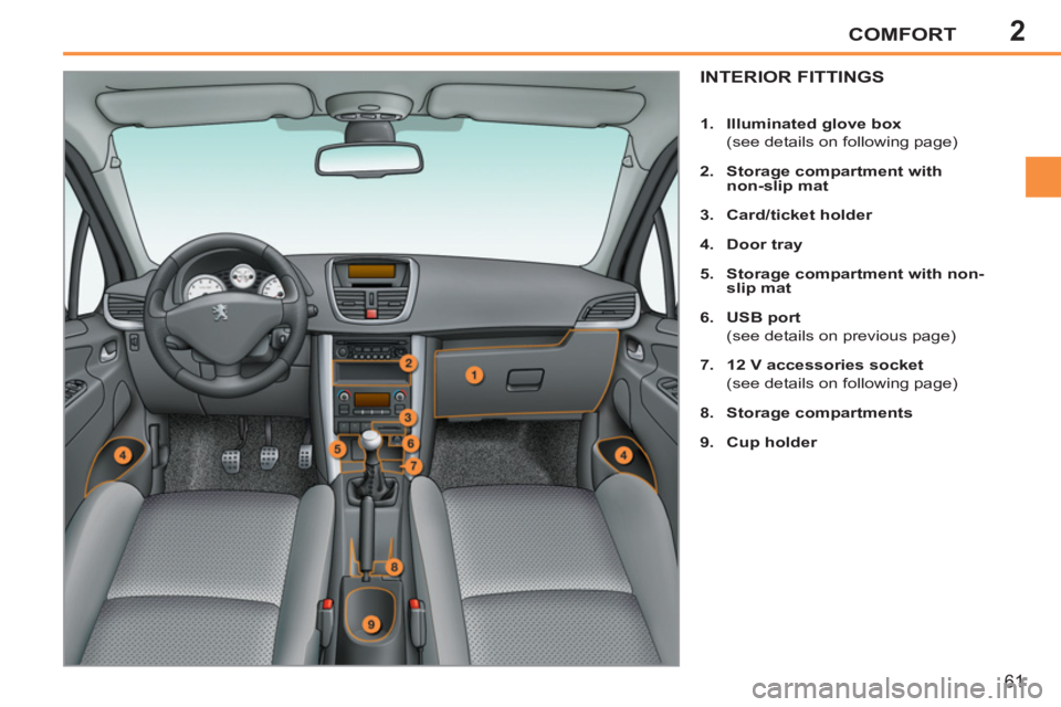 PEUGEOT 207 2011  Owners Manual 2COMFORT
61
INTERIOR FITTINGS
   
 
1. 
  Illuminated glove box 
 
 
  (see details on following page) 
   
2. 
  Storage compartment with 
non-slip mat 
 
   
3. 
  Card 
 
/ticket 
 
 holder 
 
   

