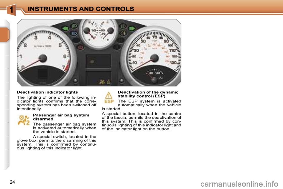 PEUGEOT 207 2007  Owners Manual �2�4
�D�e�a�c�t�i�v�a�t�i�o�n� �i�n�d�i�c�a�t�o�r� �l�i�g�h�t�s
�T�h�e�  �l�i�g�h�t�i�n�g�  �o�f�  �o�n�e�  �o�f�  �t�h�e�  �f�o�l�l�o�w�i�n�g�  �i�n�-�d�i�c�a�t�o�r�  �l�i�g�h�t�s�  �c�o�n�ﬁ�r�m�s�