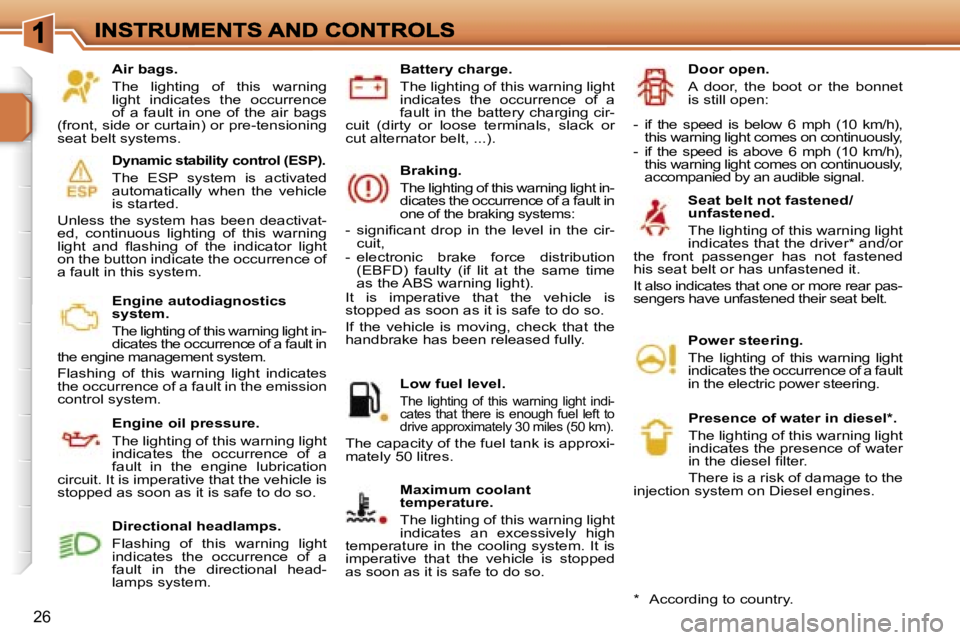 PEUGEOT 207 2007  Owners Manual �2�6
�A�i�r� �b�a�g�s�.
�T�h�e�  �l�i�g�h�t�i�n�g�  �o�f�  �t�h�i�s�  �w�a�r�n�i�n�g� �l�i�g�h�t�  �i�n�d�i�c�a�t�e�s�  �t�h�e�  �o�c�c�u�r�r�e�n�c�e� �o�f�  �a�  �f�a�u�l�t�  �i�n�  �o�n�e�  �o�f�  �