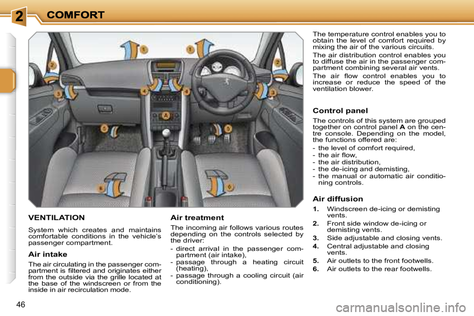 PEUGEOT 207 2007  Owners Manual �4�6
�V�E�N�T�I�L�A�T�I�O�N
�S�y�s�t�e�m�  �w�h�i�c�h�  �c�r�e�a�t�e�s�  �a�n�d�  �m�a�i�n�t�a�i�n�s� �c�o�m�f�o�r�t�a�b�l�e�  �c�o�n�d�i�t�i�o�n�s�  �i�n�  �t�h�e�  �v�e�h�i�c�l�e�’�s� �p�a�s�s�e�n