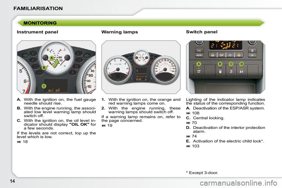 PEUGEOT 207 2009  Owners Manual FAMILIARISATION
  Instrument panel  
   
A. � �  �W�i�t�h�  �t�h�e�  �i�g�n�i�t�i�o�n�  �o�n�,�  �t�h�e�  �f�u�e�l�  �g�a�u�g�e� 
�n�e�e�d�l�e� �s�h�o�u�l�d� �r�i�s�e�.� 
  
B. � �  �W�i�t�h� �t�h�e� 