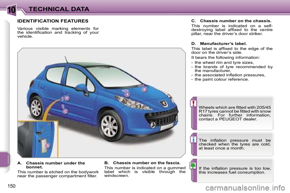 PEUGEOT 207 2005  Owners Manual �1�0
�!
�i
�T�E�C�H�N�I�C�A�L� �D�A�T�A
�1�5�0
�I�D�E�N�T�I�F�I�C�A�T�I�O�N� �F�E�A�T�U�R�E�S
�V�a�r�i�o�u�s�  �v�i�s�i�b�l�e�  �m�a�r�k�i�n�g�  �e�l�e�m�e�n�t�s�  �f�o�r�  
�t�h�e�  �i�d�e�n�t�i�ﬁ�