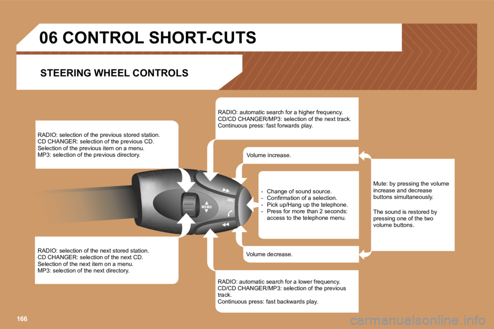 PEUGEOT 207 2005  Owners Manual �1�6�6
�R�A�D�I�O�:� �s�e�l�e�c�t�i�o�n� �o�f� �t�h�e� �p�r�e�v�i�o�u�s� �s�t�o�r�e�d� �s�t�a�t�i�o�n�. 
�C�D� �C�H�A�N�G�E�R�:� �s�e�l�e�c�t�i�o�n� �o�f� �t�h�e� �p�r�e�v�i�o�u�s� �C�D�.
�S�e�l�e�c�t