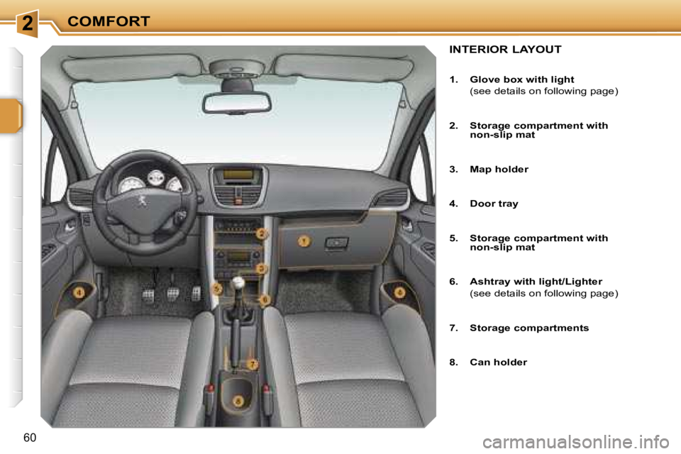 PEUGEOT 207 DAG 2005  Owners Manual �2�C�O�M�F�O�R�T
�6�0
�I�N�T�E�R�I�O�R� �L�A�Y�O�U�T
�1�.�  �G�l�o�v�e� �b�o�x� �w�i�t�h� �l�i�g�h�t 
�  �(�s�e�e� �d�e�t�a�i�l�s� �o�n� �f�o�l�l�o�w�i�n�g� �p�a�g�e�) 
�2�.�  �S�t�o�r�a�g�e� �c�o�m�p