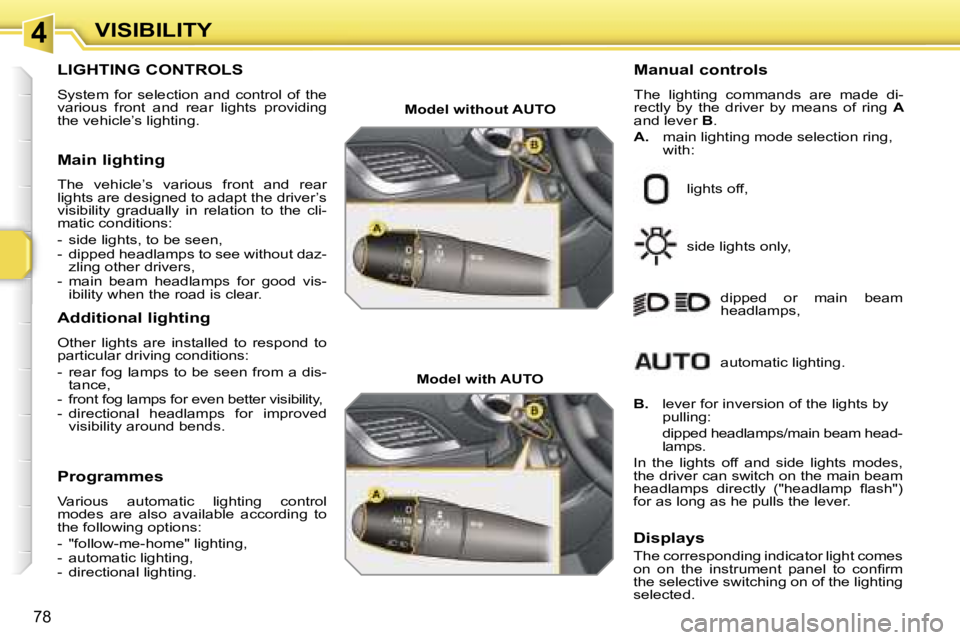 PEUGEOT 207 DAG 2006  Owners Manual �4�V�I�S�I�B�I�L�I�T�Y
�7�8
�L�I�G�H�T�I�N�G� �C�O�N�T�R�O�L�S
�S�y�s�t�e�m�  �f�o�r�  �s�e�l�e�c�t�i�o�n�  �a�n�d�  �c�o�n�t�r�o�l�  �o�f�  �t�h�e�  
�v�a�r�i�o�u�s�  �f�r�o�n�t�  �a�n�d�  �r�e�a�r� 