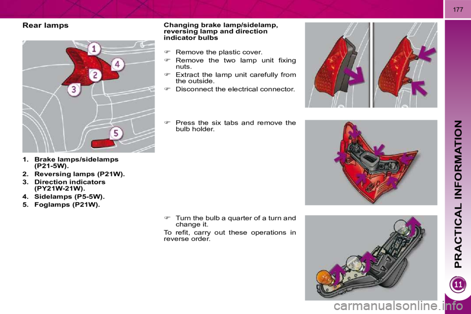 PEUGEOT 308 2010  Owners Manual PRACTICAL INFORMATION
177
                    Rear lamps  
   
1.     Brake    
lamps/     
sidelamps   
(P21-5W).   
  
2.     Reversing    
lamps   
 (P21W).   
  
3.     Direction indicators 
(PY21