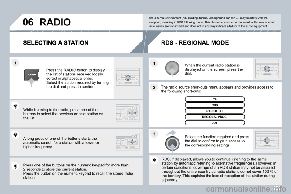 PEUGEOT 308 2010  Owners Manual 257
�3
�2
�1
�1
�0�6
  When the current radio station is displayed on the screen, press the dial.  
� � �T�h�e� �r�a�d�i�o� �s�o�u�r�c�e� �s�h�o�r�t�-�c�u�t�s� �m�e�n�u� �a�p�p�e�a�r�s� �a�n�d� �p�r�o