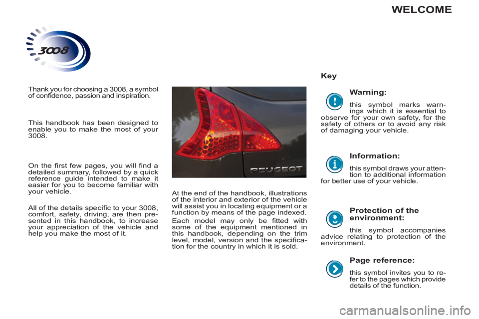 PEUGEOT 308 2011  Owners Manual    
Page reference: 
 
this symbol invites you to re-
fer to the pages which provide 
details of the function.  
 
 
Key  
   
Protection of the 
environment: 
  this symbol accompanies 
  advice rela