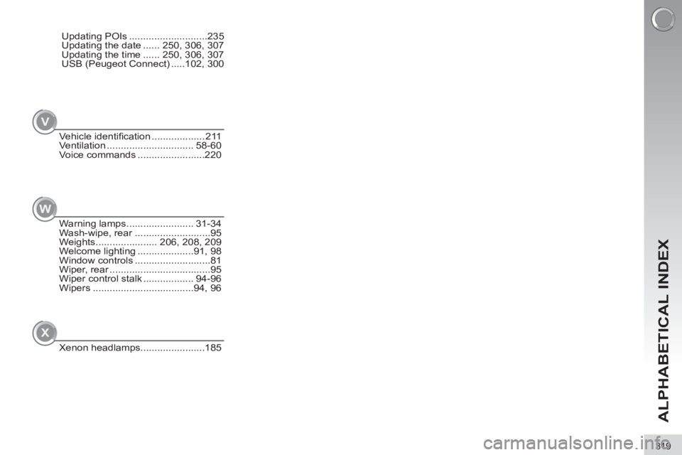 PEUGEOT 308 2011  Owners Manual V
W
X
319
ALPHABETICAL INDEX
Updating POIs ............................235
Updating the date ...... 250, 306, 307
Updating the time ...... 250, 306, 307
USB (Peugeot Connect) .....102, 300
Vehicle ide