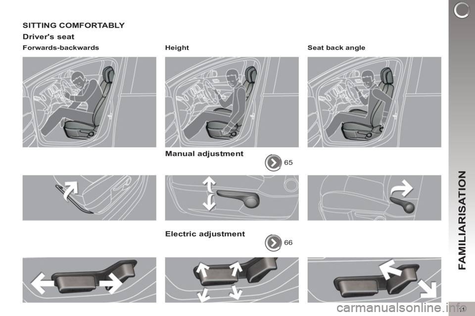 PEUGEOT 308 2012  Owners Manual 11
FAMILIARISATION
  SITTING COMFORTABLY 
   
Drivers seat 
 
 
Forwards-backwards    
Height  
 
 
 
Manual adjustment 
 
65  
 
 
Electric adjustment 
 
66    
Seat back angle  
  