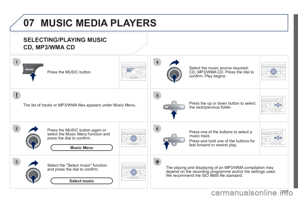 PEUGEOT 308 2012  Owners Manual 279
07
3 2 1
6
4
5
   
 
 
 
 
 
 
 
 
 
 
 
SELECTING/PLAYING MUSIC  
CD, MP3/WMA CD 
   
The playing and displaying of an MP3/WMA compilation may 
depend on the recording programme and/or the settin