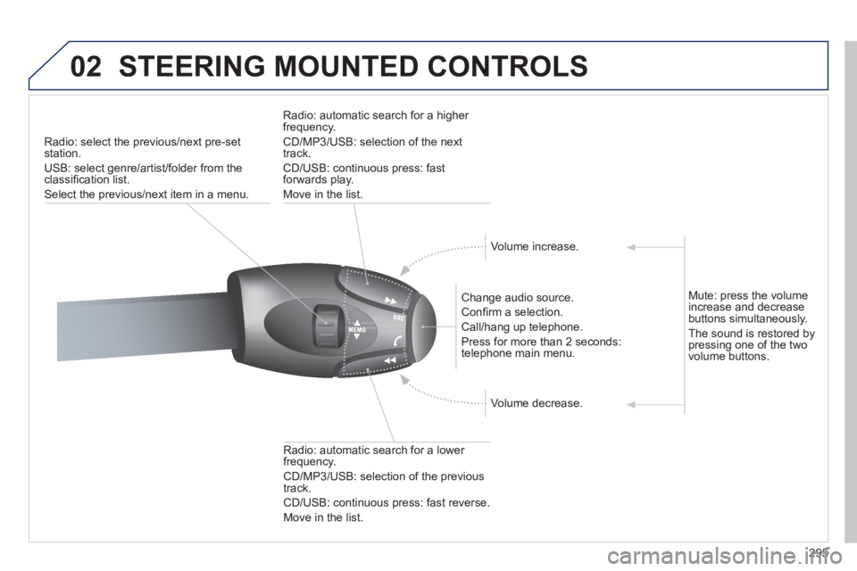 PEUGEOT 308 2012  Owners Manual 295
02  STEERING MOUNTED CONTROLS 
 
 
 
 
 
 
 
 
Radio: select the previous/next pre-set 
station. 
  USB: select genre/artist/folder from the 
classiﬁ cation list. 
  Select the previous/next ite