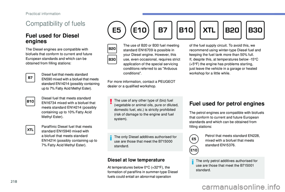 PEUGEOT 308 2018  Owners Manual 218
Compatibility of fuels      
Fuel used for Diesel 
engines
The Diesel engines are compatible with 
biofuels that conform to current and future 
European standards and which can be 
obtained from f