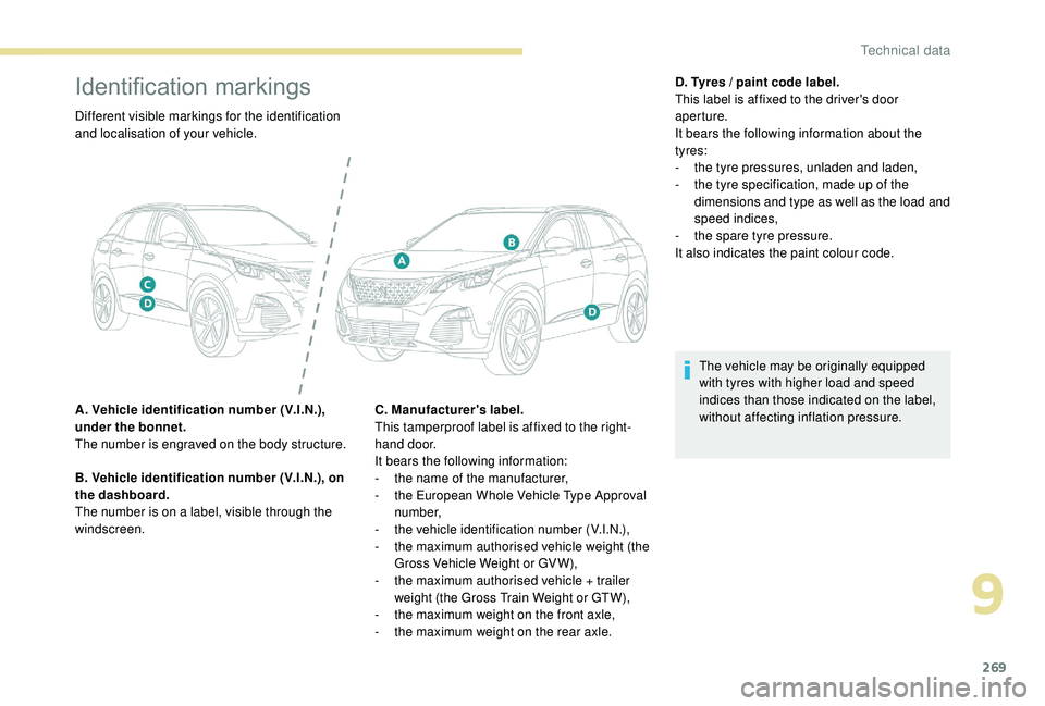 PEUGEOT 308 2018 Owners Manual 269
Identification markings
Different visible markings for the identification
and localisation of your vehicle.
A. Vehicle identification number (V.I.N.),
under the bonnet.
The number is engraved on PEUGEOT 308 2018 Owners Manual 269
Identification markings
Different visible markings for the identification
and localisation of your vehicle.
A. Vehicle identification number (V.I.N.),
under the bonnet.
The number is engraved on