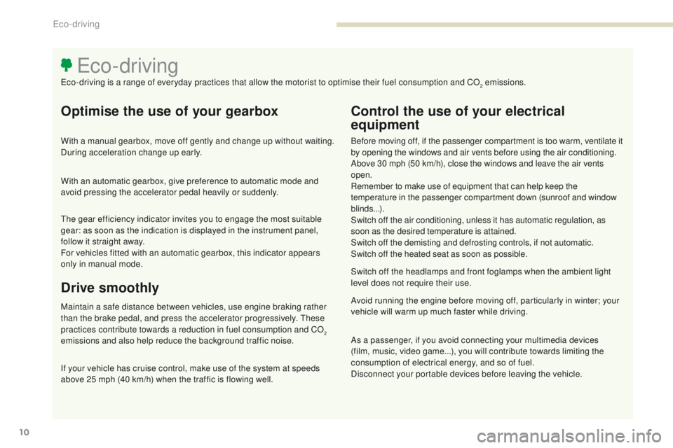 PEUGEOT 308 2017 Owners Manual 3008-2_en_Chap00c_eco-conduite_ed01-2016
10
Optimise the use of your gearbox
With a manual gearbox, move off gently and change up without waiting.
During acceleration change up early.
With an automat PEUGEOT 308 2017 Owners Manual 3008-2_en_Chap00c_eco-conduite_ed01-2016
10
Optimise the use of your gearbox
With a manual gearbox, move off gently and change up without waiting.
During acceleration change up early.
With an automat