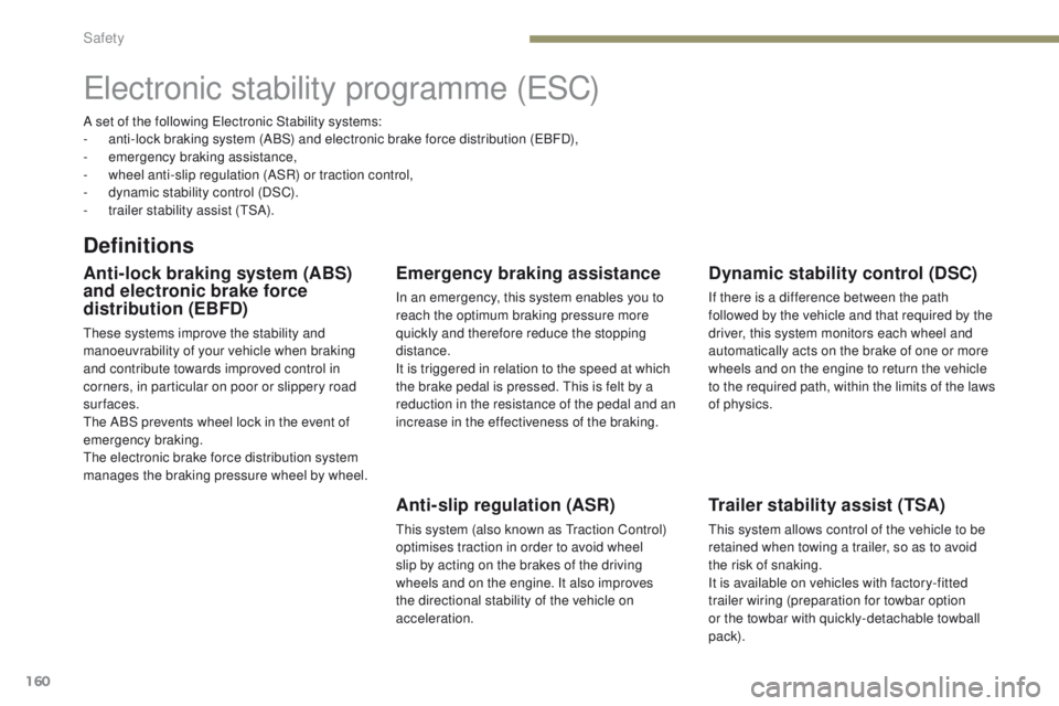 PEUGEOT 308 2017 Owners Manual 160
3008-2_en_Chap05_securite_ed01-2016
Electronic stability programme (ESC)
Definitions
Anti-lock braking system (ABS)
and electronic brake force
distribution (EBFD)
These systems improve the stabi PEUGEOT 308 2017 Owners Manual 160
3008-2_en_Chap05_securite_ed01-2016
Electronic stability programme (ESC)
Definitions
Anti-lock braking system (ABS)
and electronic brake force
distribution (EBFD)
These systems improve the stabi