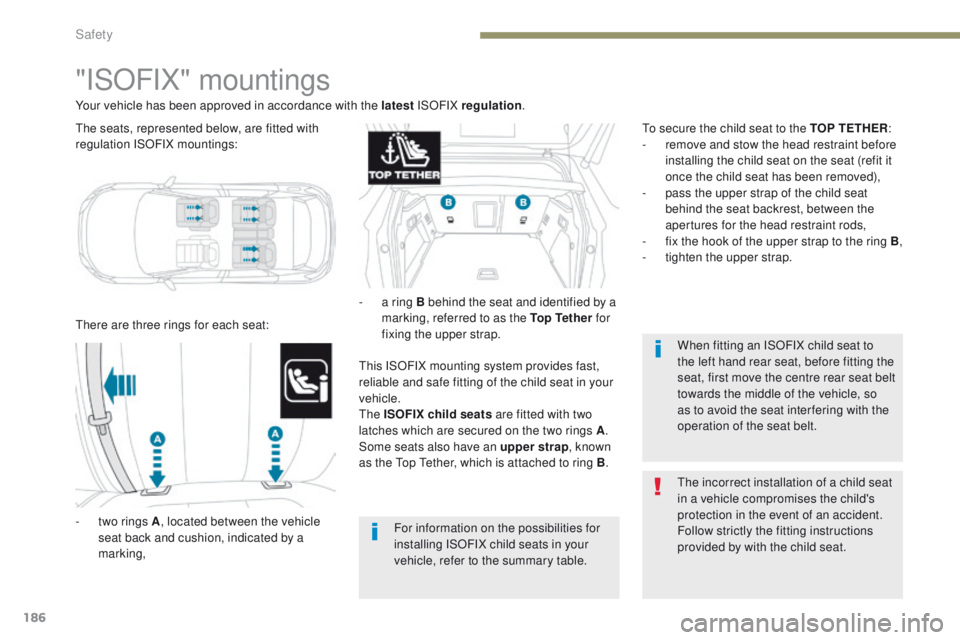 PEUGEOT 308 2017 Owners Manual 186
3008-2_en_Chap05_securite_ed01-2016
"ISOFIX" mountings
There are three rings for each seat:
-
t
wo rings A , located between the vehicle
seat back and cushion, indicated by a
marking, PEUGEOT 308 2017 Owners Manual 186
3008-2_en_Chap05_securite_ed01-2016
"ISOFIX" mountings
There are three rings for each seat:
-
t
wo rings A , located between the vehicle
seat back and cushion, indicated by a
marking,