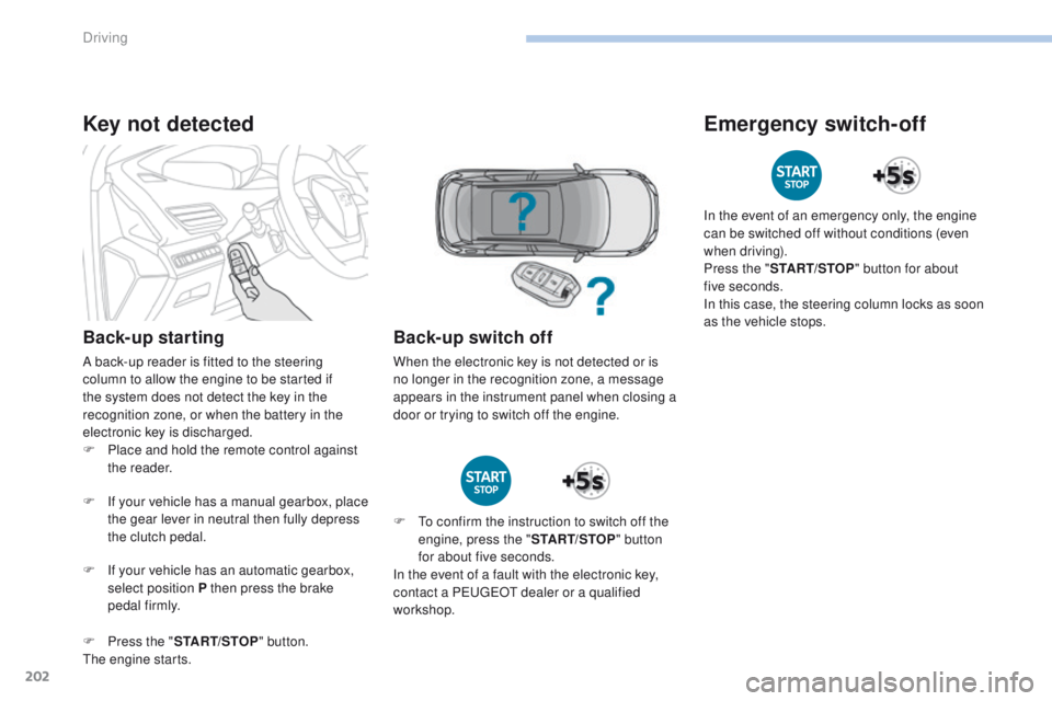 PEUGEOT 308 2017  Owners Manual 202
3008-2_en_Chap06_conduite_ed01-2016
Key not detected
Back-up starting
A back-up reader is fitted to the steering 
column to allow the engine to be started if 
the system does not detect the key in