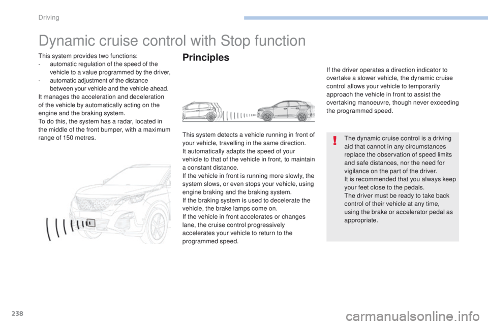 PEUGEOT 308 2017 Owners Manual 238
3008-2_en_Chap06_conduite_ed01-2016
Dynamic cruise control with Stop function
The dynamic cruise control is a driving
aid that cannot in any circumstances
replace the observation of speed limits PEUGEOT 308 2017 Owners Manual 238
3008-2_en_Chap06_conduite_ed01-2016
Dynamic cruise control with Stop function
The dynamic cruise control is a driving
aid that cannot in any circumstances
replace the observation of speed limits