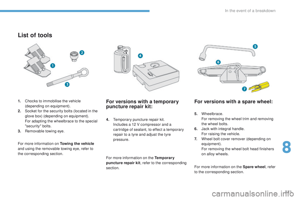PEUGEOT 308 2017  Owners Manual 311
3008-2_en_Chap08_en cas-de-panne_ed01-2016
List of tools
4. Temporary puncture repair kit. Includes a 12 V compressor and a 
cartridge of sealant, to effect a temporary 
repair to a tyre and adjus