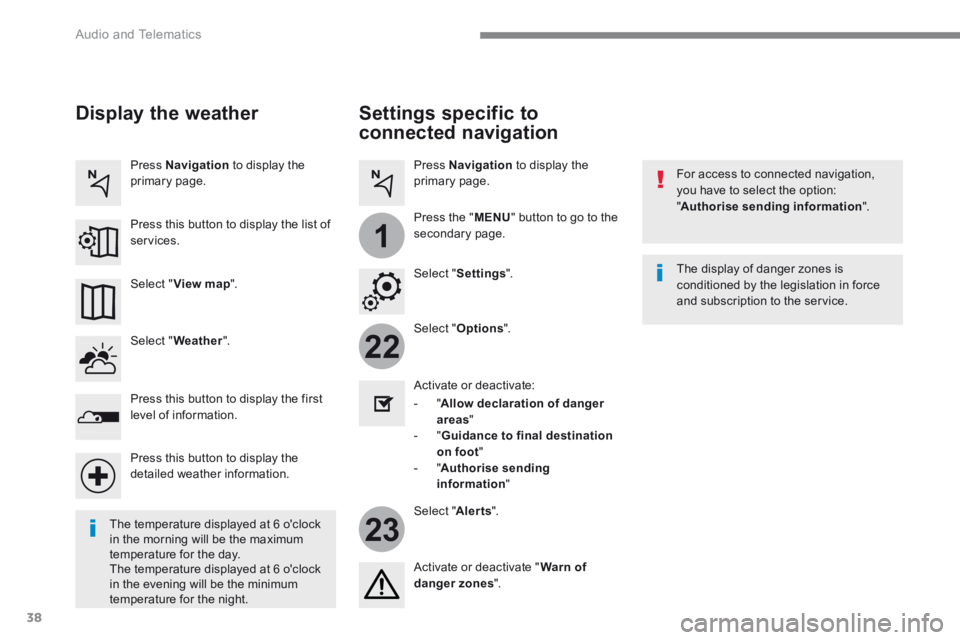 PEUGEOT 308 2017  Owners Manual 38
22
23
1
 Audio and Telematics 
Transversal-Peugeot_en_Chap01_NAC-2-2-0_ed01-2016
  Settings  specific  to 
connected navigation 
  For access to connected navigation, you have to select the option: