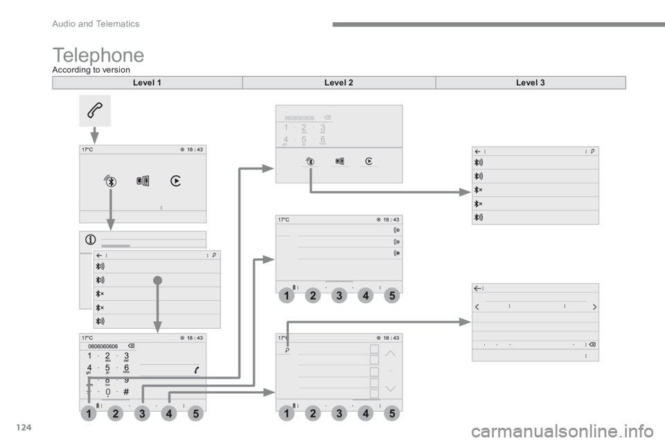 PEUGEOT 308 2017  Owners Manual 124
4
4
41
1
15
5
53
3
32
2
2
 Audio and Telematics 
Transversal-Peugeot_en_Chap02_RCC-2-2-0_ed01-2016
 Telephone            According  to  version  
Level 1Level 2Level 3 