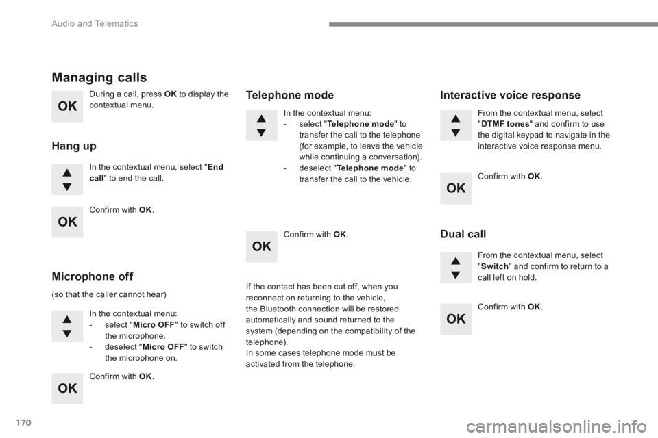 PEUGEOT 308 2017  Owners Manual 170
 Audio and Telematics 
  During a call, press  OK  to display the contextual  menu.  
 In the contextual menu, select " End call " to end the call.  
Managing calls 
  Hang  up 
 (so that the call