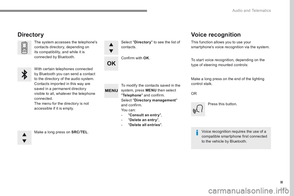 PEUGEOT 308 2017  Owners Manual 171
.
 Audio and Telematics 
Transversal-Peugeot_en_Chap03_RD6_ed01-2016
  To modify the contacts saved in the system, press  MENU  then select " Telephone " and confirm.  Select  " Directory manageme