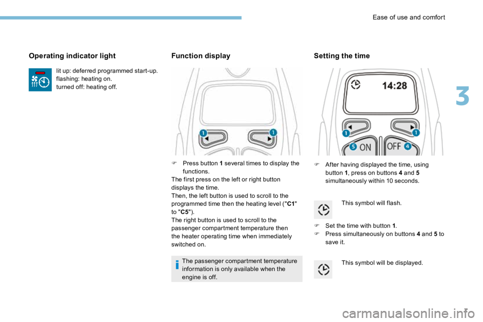 PEUGEOT 308 2017  Owners Manual 7
lit up: deferred programmed start-up.
flashing: heating on.
turned off: heating off.
Operating indicator light
F Press button 1 several times to display the 
functions.
The first press on the left o