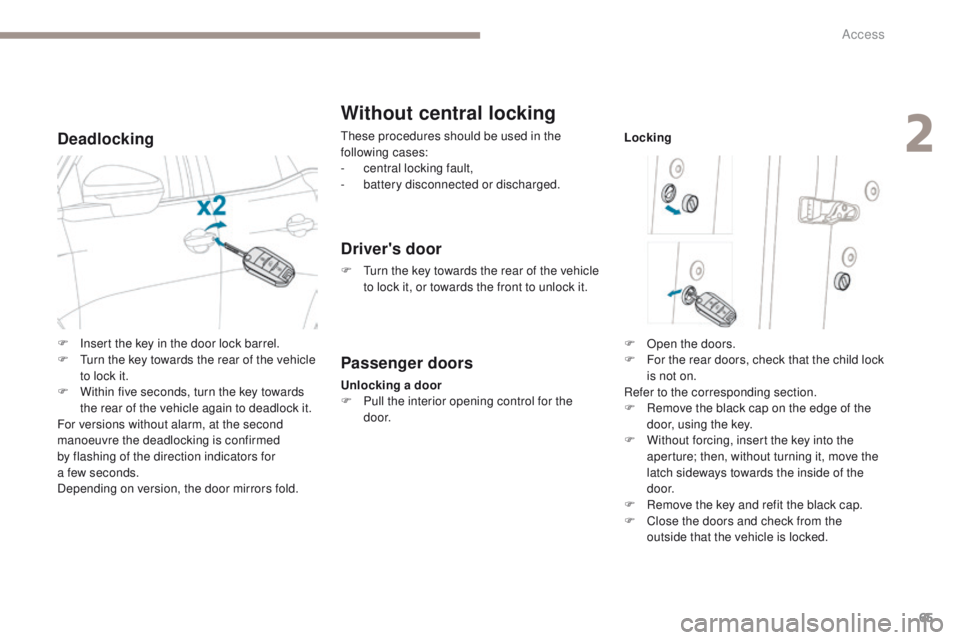 PEUGEOT 308 2017 Owners Manual 65
3008-2_en_Chap02_ouvertures_ed01-2016
Deadlocking
Without central locking
These procedures should be used in the
following cases:
-
c
entral locking fault,
-
b
attery disconnected or discharge PEUGEOT 308 2017 Owners Manual 65
3008-2_en_Chap02_ouvertures_ed01-2016
Deadlocking
Without central locking
These procedures should be used in the
following cases:
-
c
entral locking fault,
-
b
attery disconnected or discharge