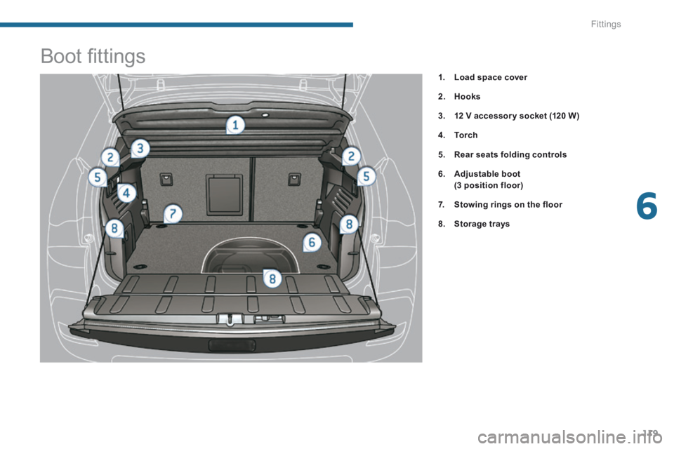 PEUGEOT 308 2014  Owners Manual 6
Fittings119
                  Boot ﬁ ttings 
1.    Load space cover
2.    Hooks
3.    12 V accessor y socket (120 W)
4.    To r c h
5.    Rear seats folding controls
6.    Adjustable boot       (3