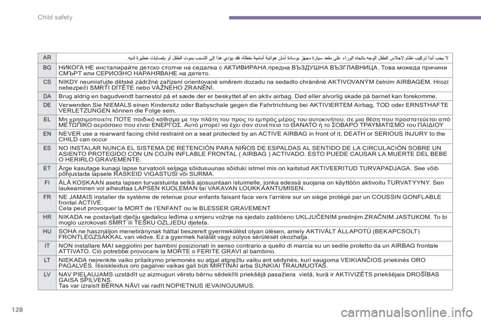 PEUGEOT 308 2014 Owners Manual AR
BG
НИКОГА НЕ инсталирайте детско столче на седалка с АКТИВИРАНА предна ВЪЗДУШНА ВЪЗГЛАВНИЦ А. Това можеда пр PEUGEOT 308 2014 Owners Manual AR
BG
НИКОГА НЕ инсталирайте детско столче на седалка с АКТИВИРАНА предна ВЪЗДУШНА ВЪЗГЛАВНИЦ А. Това можеда пр
