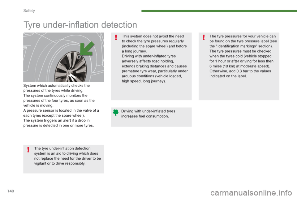 PEUGEOT 308 2014 Owners Manual Safety
140
Tyre under-infl ation detection
System which automatically checks the pressures of the tyres while driving. The system continuously monitors the pressures of the four tyres, PEUGEOT 308 2014 Owners Manual Safety
140
Tyre under-infl ation detection
System which automatically checks the pressures of the tyres while driving. The system continuously monitors the pressures of the four tyres,