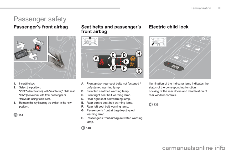 PEUGEOT 308 2014  Owners Manual .
151
148
138
Familiarisation17
 Passenger  safety 
  Passengers  front  airbag 
1.Insert the key. 2.  Select the position:    "OFF"  (deactivation), with "rear facing" child seat,    "ON"  (activati